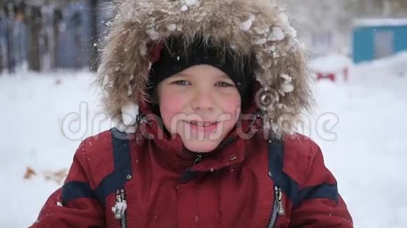 美丽的孩子在冬天的公园里微笑下雪了视频的预览图
