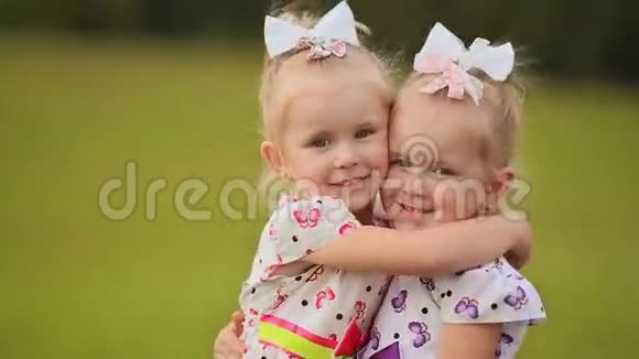 两个小双胞胎姐妹被压在一起在夏天的绿色草地上玩得很开心拥抱落在视频的预览图