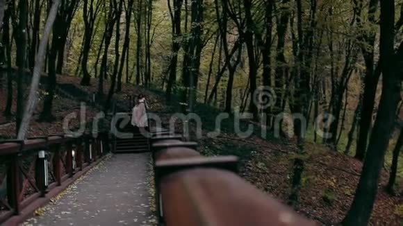 森林里的桥一个穿着长裙的女孩去和一个男人开会他拿着一束花视频的预览图