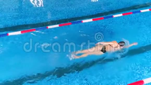 游泳池里的专业游泳运动员空中观景4K视频的预览图