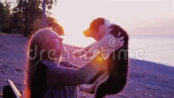 玩你最喜欢的狗女人把你的小狗扔在顶端和他玩在日落的背景下大海或视频的预览图