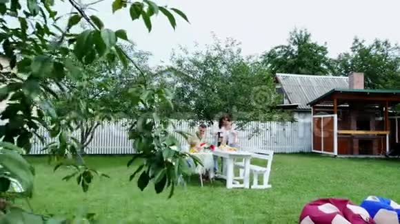 幸福美丽的家庭妈妈爸爸四岁的儿子和一岁的女儿做新鲜果汁在夏天在视频的预览图