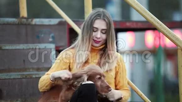 她抚摸着金发碧眼的小狗抚摸着拥抱着亲吻着欢乐的微笑在晚市视频的预览图