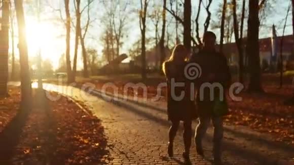年轻优雅的夫妇在明媚的阳光下挽臂走在秋巷里浪漫的约会几个进球快乐视频的预览图