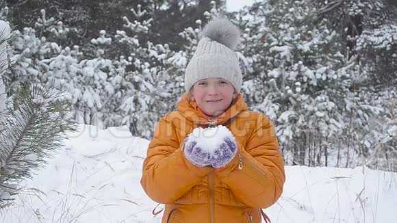 少年女孩用手吹雪快乐的女孩笑着在冬天的公园里享受家庭假期视频的预览图