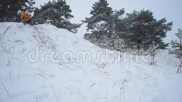 孩子骑着雪山在冬天的公园女孩笑一个美丽的冬天景观视频的预览图