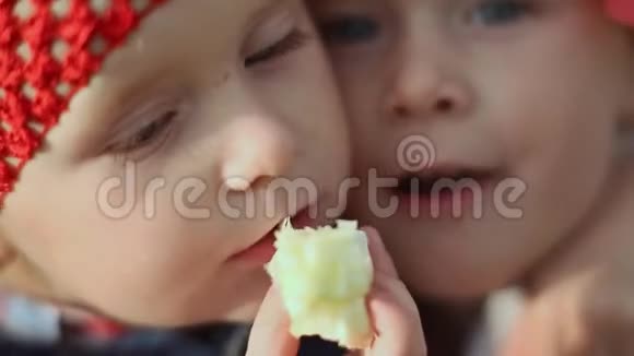 两个可爱的小女孩双胞胎在新鲜空气中吃面包一起面的特写视频的预览图