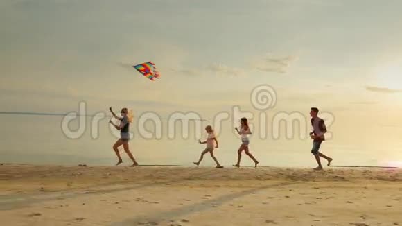 一群和成年人玩耍的孩子让他们进入天空风筝的乐趣视频的预览图