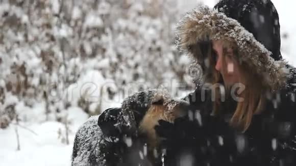 小女孩在下雪时和狗玩耍视频的预览图