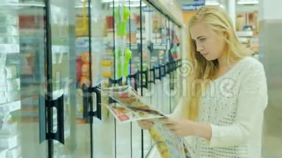年轻有魅力的女人看报纸广告打折然后她从冰箱里拿食物视频的预览图