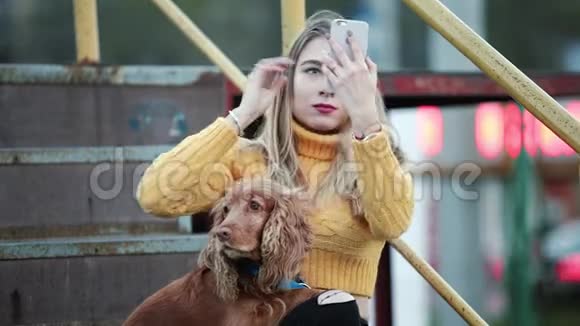 金发碧眼的狗鸡眼的西班牙猎犬调整她的头发看着智能手机互联网上的倒影视频的预览图