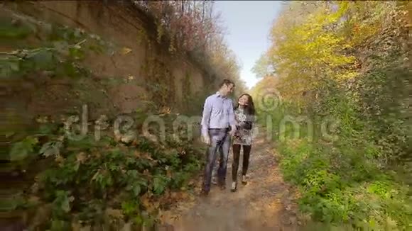 美丽的年轻情侣在秋天公园散步视频的预览图