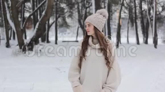 一个美丽的女孩走在白雪覆盖的森林里视频的预览图