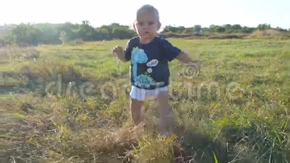 在阳光明媚的日子里小孩子在草地上的草地上走到镜头后面宝宝在户外草坪散步幼儿视频的预览图