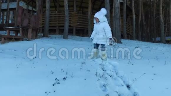 女孩滑下一座小山那女孩因寒冷天气而脸红了寒冷的冬日视频的预览图