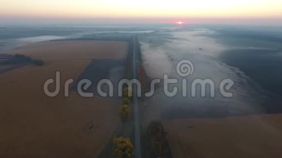 农场和陆地日落覆盖在雾中鸟瞰视频的预览图
