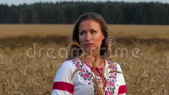 成年迷人的斯拉夫女人穿着美丽的自然服装在金色的麦田阳光下视频的预览图