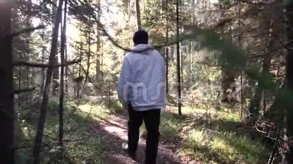 年轻孤独的人在茂密的植被和灌木丛中深入森林录像从后面走的人的视野视频的预览图