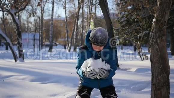 快乐的孩子在阳光明媚的一天在冬季公园玩得很开心慢慢地把雪洒在自己身上视频的预览图