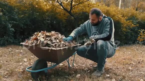 花园工人他是一个人把干树叶和树枝装在手推车上视频的预览图