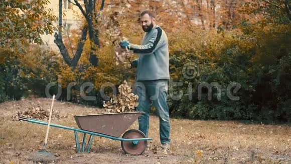 花园工人把干燥的树叶和树枝装到手推车上视频的预览图