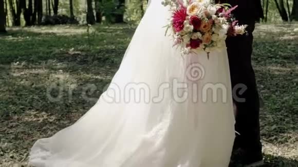 新郎新娘在树林里美丽的吻视频的预览图
