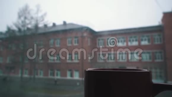 窗外下雪从杯子里冒出来视频的预览图
