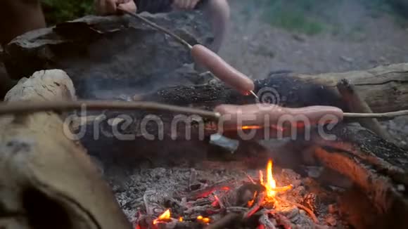 徒步旅行者的朋友们围坐在篝火旁用棍子炸香肠晚上在森林里户外露营野餐高清高清视频的预览图