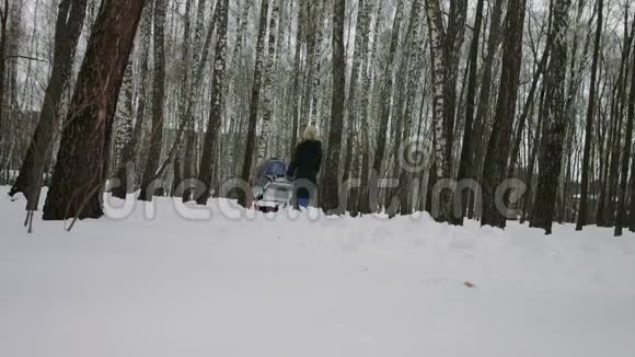 一位年轻女子在冬季公园和婴儿车同行视频的预览图