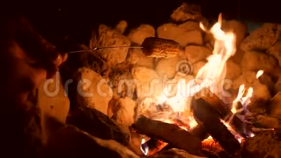 Hiker野营者在火门上烤玉米1920x1080慢动作视频的预览图