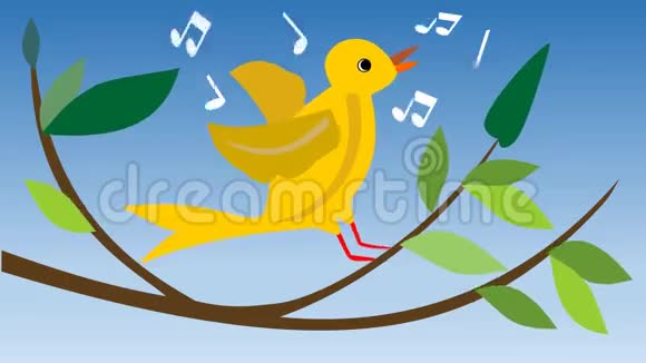 动画黄色金丝雀用绿叶在树枝上唱金丝雀可爱的夏季卡通动画与鸟视频的预览图