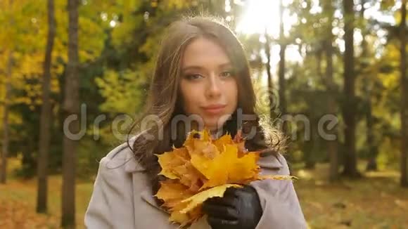 公园里美丽的女士手里拿着叶子束微笑着秋天的时刻视频的预览图