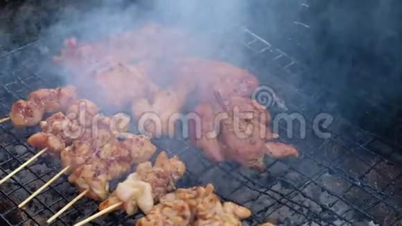 鸡肉和猪肉烤架在小火上4KUHD视频的预览图