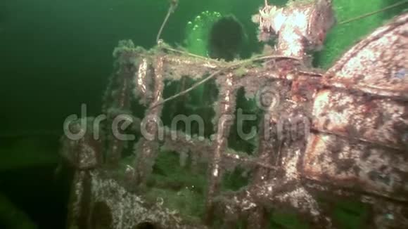 在俄罗斯白海海滩上潜水员在生锈的残骸沉船附近视频的预览图