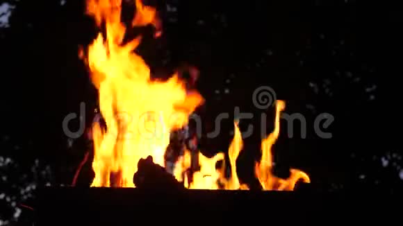 橙色火焰在夜间烧烤炉中燃烧慢镜头特写视频的预览图