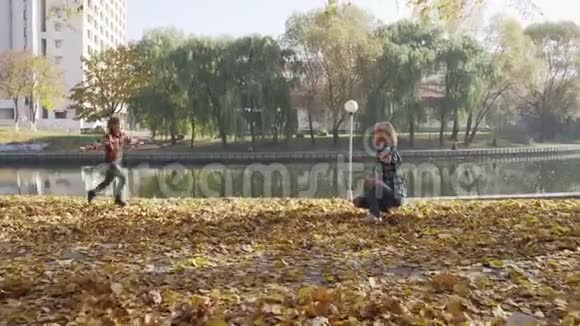 年轻的母亲和儿子在阳光明媚的秋天公园玩视频的预览图