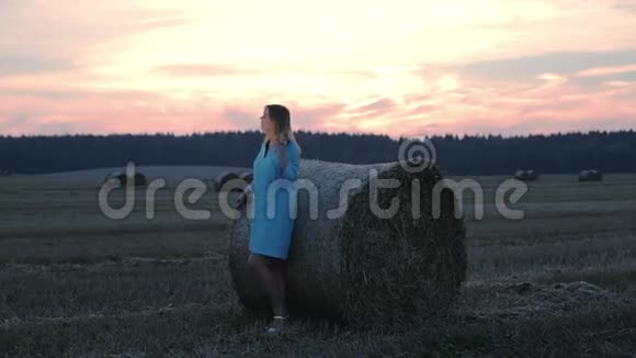 穿着蓝色连衣裙的年轻女子站在干草堆附近视频的预览图