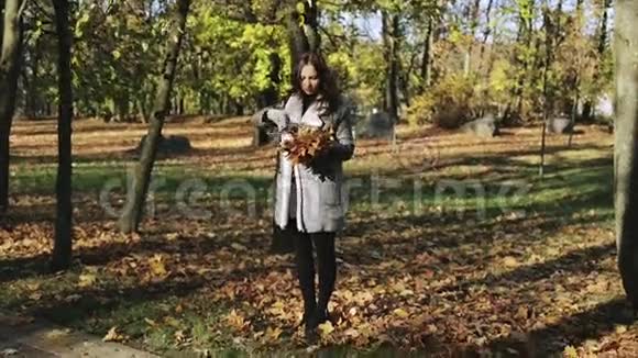 秋天在公园里玩树叶的女孩视频的预览图