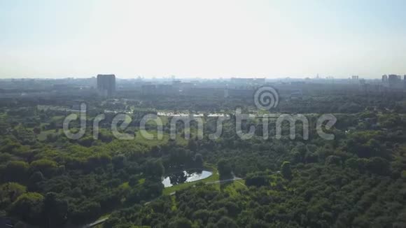 晴天视界上公园湖泊和城市建筑的鸟瞰图视频的预览图