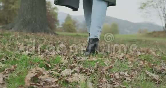 关于鞋子和台阶的细节白人金发女人斯洛莫走向秋天的树林触摸树在万向节后面视频的预览图