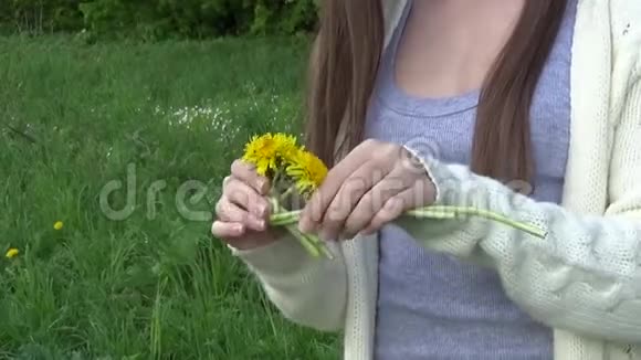 少女在草地上做花环关闭视频高清静态卡姆雷亚视频的预览图