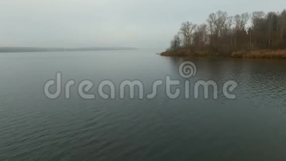 秋天在雾中的森林湖海岸视频的预览图