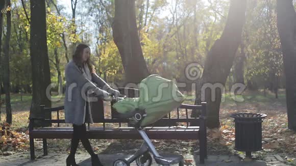 在一个阳光明媚的秋日充满爱心的一家人带着婴儿车在公园里散步视频的预览图