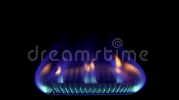 炉子顶部燃烧器点燃成蓝色烹饪火焰慢动作120fps快关门视频的预览图