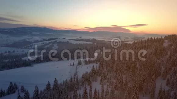 日出时飞越喀尔巴阡山冬季乡村景观从一个高度从空中俯瞰群山视频的预览图