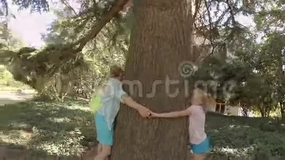 母亲和两个女儿拥抱着厚厚的树女孩开玩笑玩得开心视频的预览图