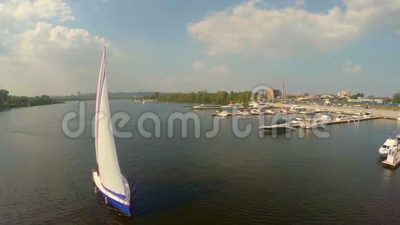 在宽阔的城市河流上游艇户外活动暑假视频的预览图