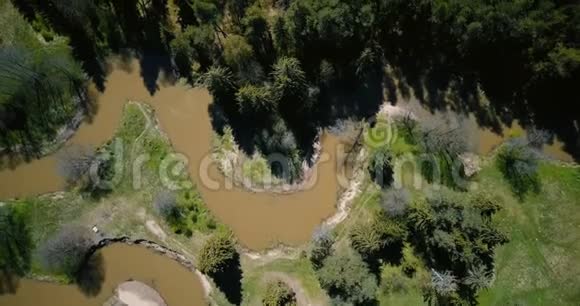 无人机飞过野林肮脏蜿蜒的河流空中4K自然天桥拍摄生态环境问题视频的预览图