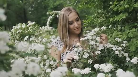 一个穿花的女孩的肖像女孩喜欢白色的花视频的预览图
