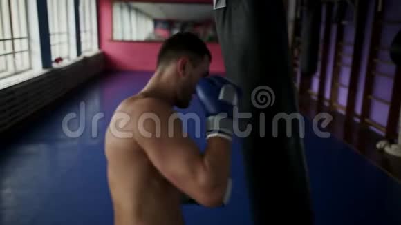 男拳击手的后视在健身房为拳击手套打拳职业拳击手进行拳击训练视频的预览图